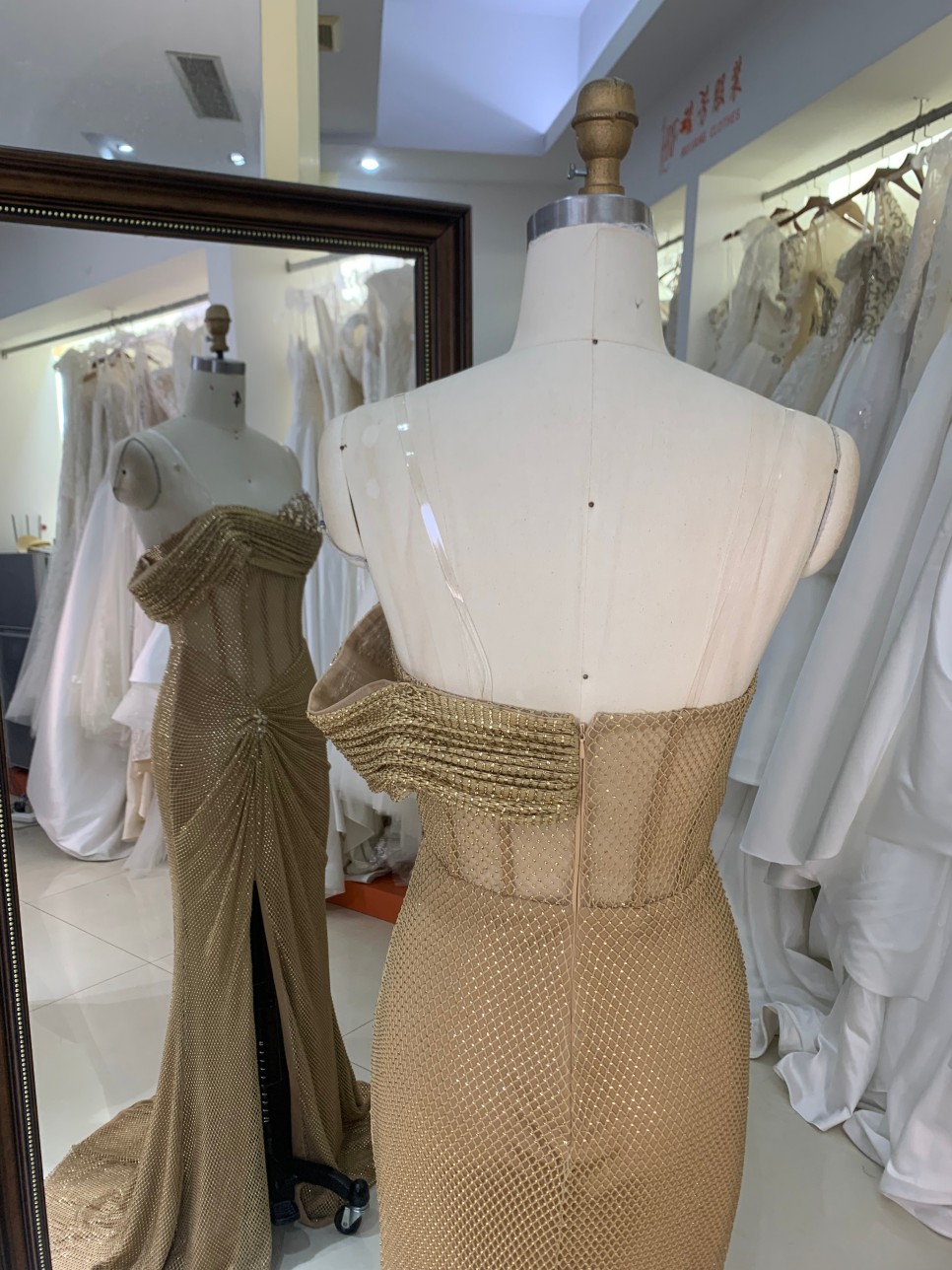 2025 Chic Champagne Bead One Shoulder Design High Slit Ruched Floor-Length Mermaid Prom Dress Pleated Design Zipper Back Satin