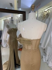 2025 Chic Champagne Bead One Shoulder Design High Slit Ruched Floor-Length Mermaid Prom Dress Pleated Design Zipper Back Satin
