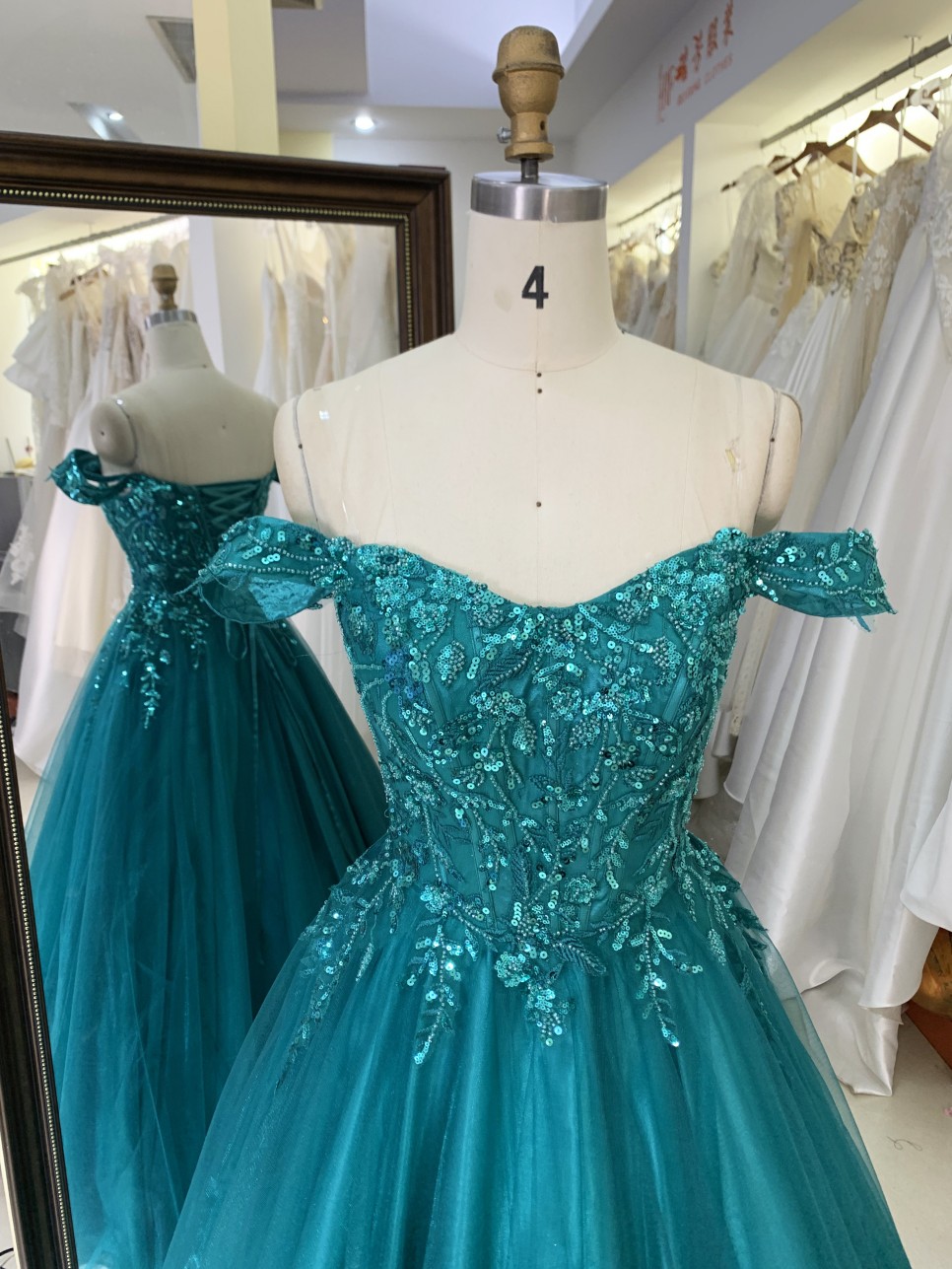 2025 New Teal A-Line Off-the-Shoulder Tulle Floor-Length Beading Lace Romantic Natural Waist Prom Evening Dresses