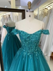 2025 New Teal A-Line Off-the-Shoulder Tulle Floor-Length Beading Lace Romantic Natural Waist Prom Evening Dresses