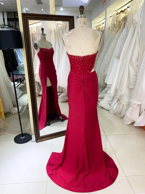 2025 Chic Burgundy Rhinestone Square Collar High Slit Ruched Floor-Length Mermaid Prom Dress Pleated Design Zipper Back Satin XL