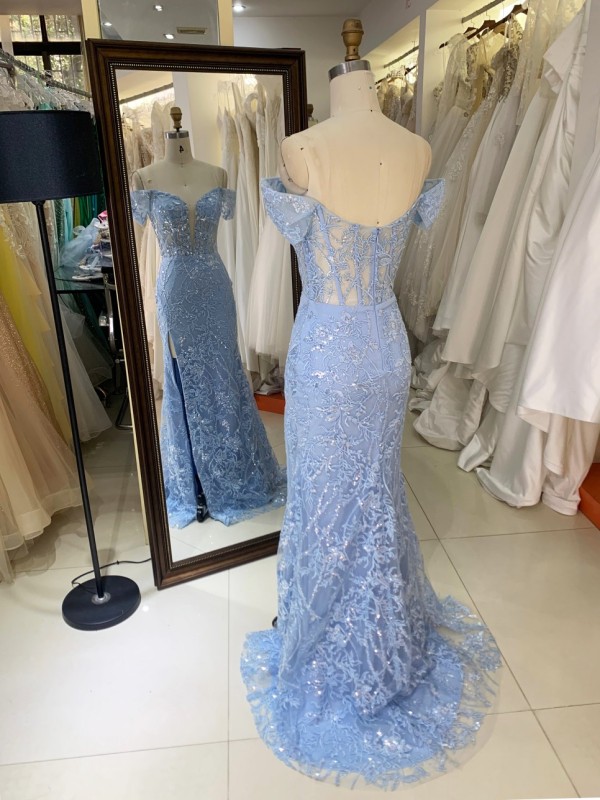 2025 Luxury Smoky Blue Evening Gown for Women Mermaid Prom Dress Shoulder Design Sequins Fabric Draped New Fashion Design