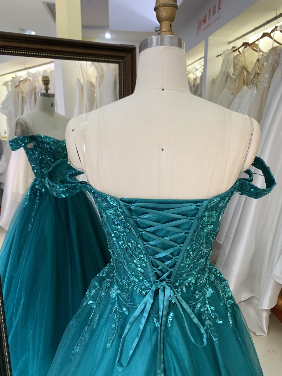 2025 New Teal A-Line Off-the-Shoulder Tulle Floor-Length Beading Lace Romantic Natural Waist Prom Evening Dresses