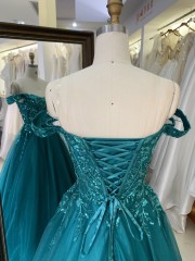 2025 New Teal A-Line Off-the-Shoulder Tulle Floor-Length Beading Lace Romantic Natural Waist Prom Evening Dresses