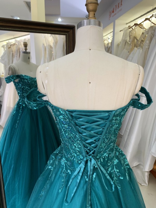 2025 New Teal A-Line Off-the-Shoulder Tulle Floor-Length Beading Lace Romantic Natural Waist Prom Evening Dresses