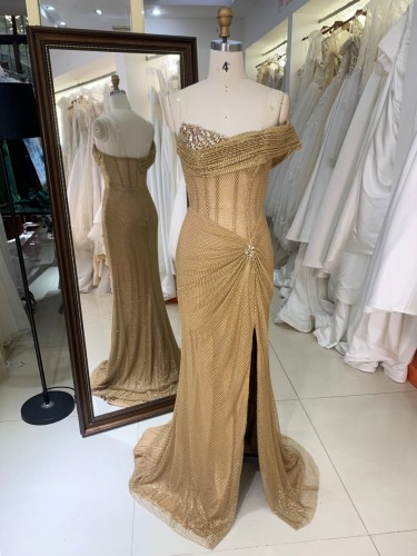 2025 Chic Champagne Bead One Shoulder Design High Slit Ruched Floor-Length Mermaid Prom Dress Pleated Design Zipper Back Satin