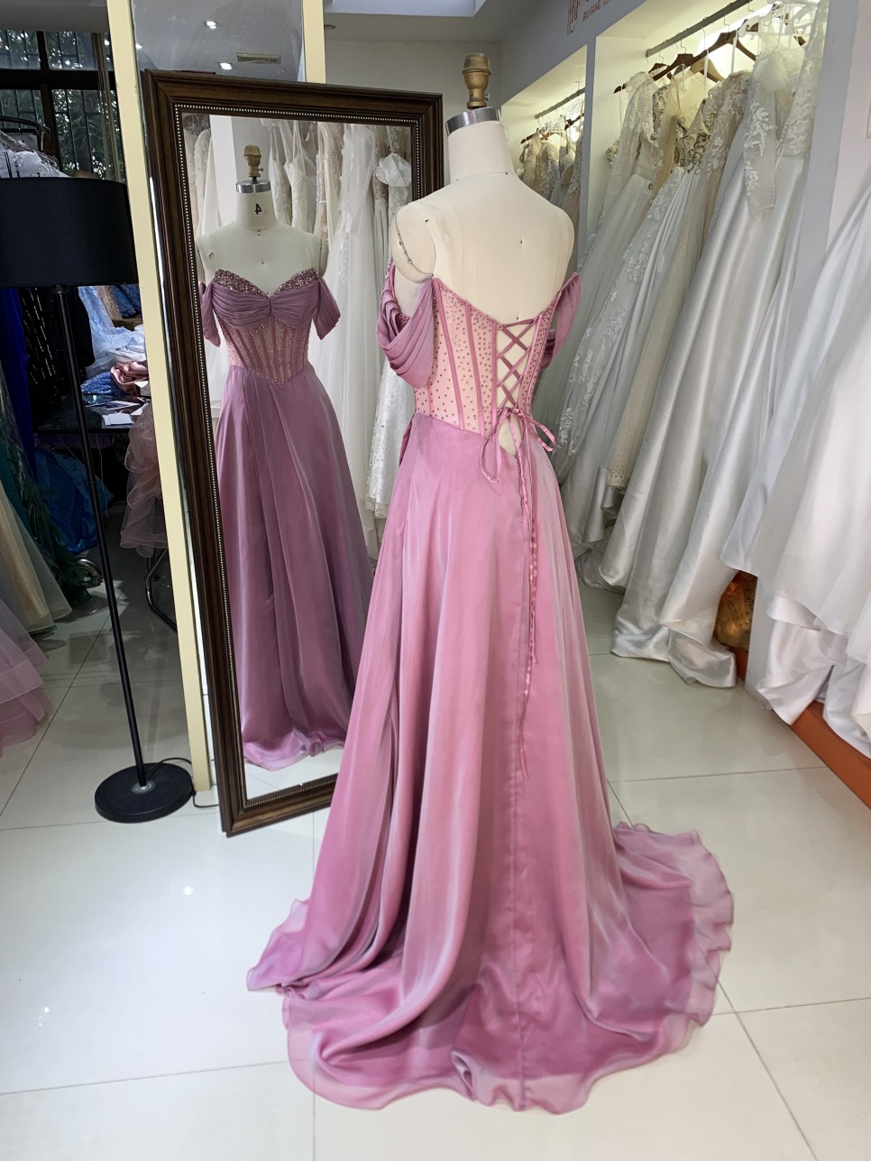 New Dusty Rose off the Shoulder Boning Design Mermaid Sequined Sweep Train Evening Prom Formal Gown Dress Elegant Party