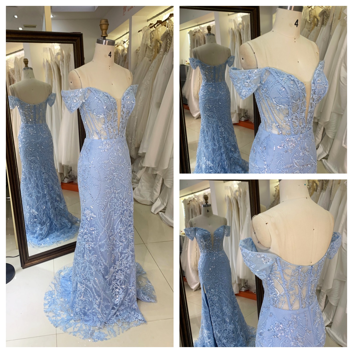 2025 Luxury Smoky Blue Evening Gown for Women Mermaid Prom Dress Shoulder Design Sequins Fabric Draped New Fashion Design