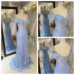 2025 Luxury Smoky Blue Evening Gown for Women Mermaid Prom Dress Shoulder Design Sequins Fabric Draped New Fashion Design