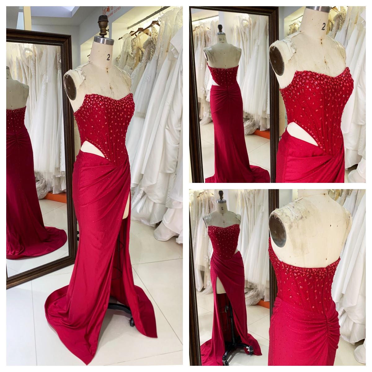 2025 Chic Burgundy Rhinestone Square Collar High Slit Ruched Floor-Length Mermaid Prom Dress Pleated Design Zipper Back Satin XL