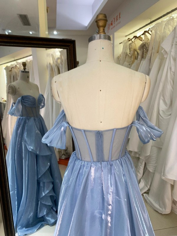 2025 Luxury Satin Mermaid Evening Dresses Smoky Blue Off-Shoulder Ruffle Design Short Formal Party Gowns for Girls