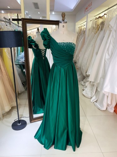 One Shoulder 3D Flower 2026 Hot Designs Manufacturer Satin with Lace up Back Rhinestones Elegant Party Evening Dress