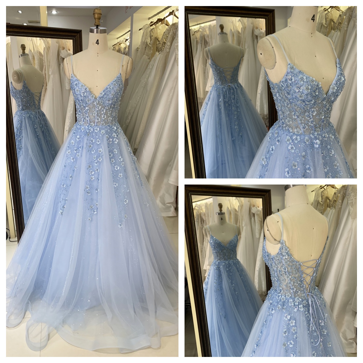 Factory Wholesale Light Blue Red Embroidery Corset a Line Prom Princess Tulle Ball Gown