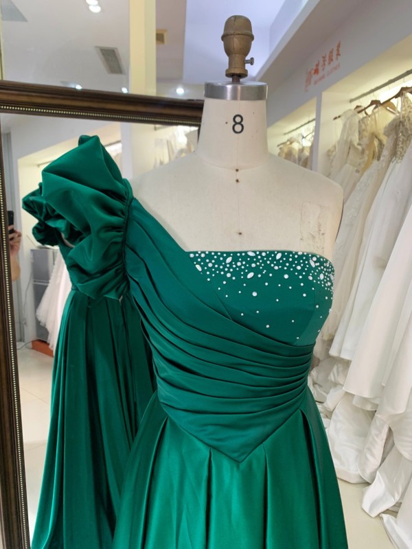 One Shoulder 3D Flower 2026 Hot Designs Manufacturer Satin with Lace up Back Rhinestones Elegant Party Evening Dress