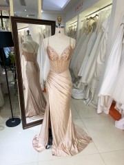 Factory Wholesale champagne Corset Sequin Lace up Back Satin Pleated Fitted Prom Dresses with Slit