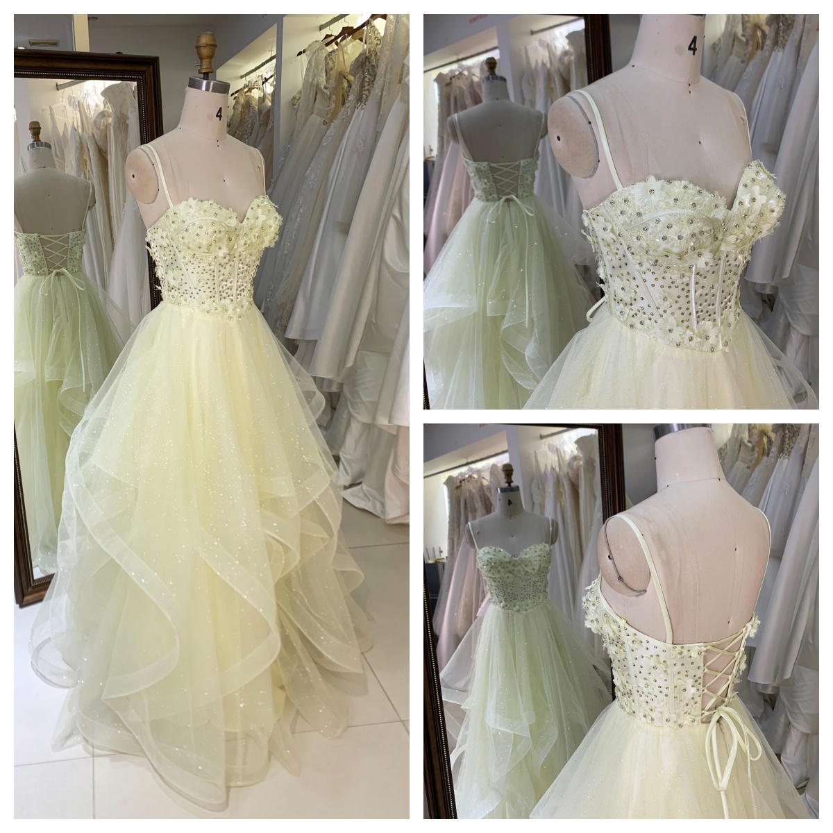 2025 Light Yellow Fluffy Sequined Lace Embroidery A-Line Floor-Length Sleeveless V-Neck Princess Formal Prom Dress Asymmetric