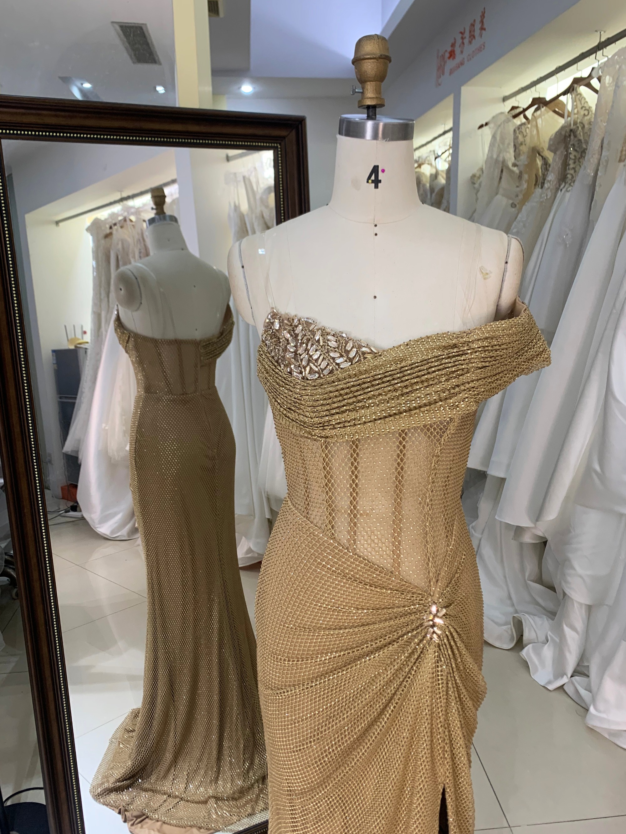 2025 Chic Champagne Bead One Shoulder Design High Slit Ruched Floor-Length Mermaid Prom Dress Pleated Design Zipper Back Satin