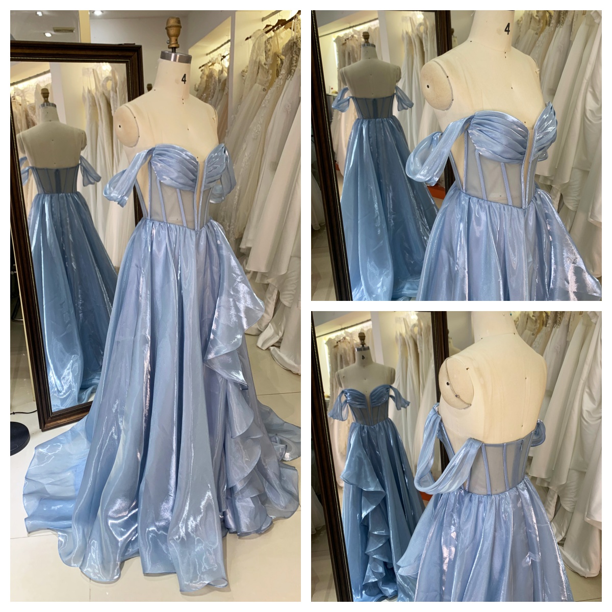 2025 Luxury Satin Mermaid Evening Dresses Smoky Blue Off-Shoulder Ruffle Design Short Formal Party Gowns for Girls