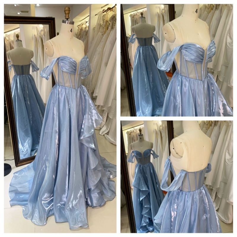 2025 Luxury Satin Mermaid Evening Dresses Smoky Blue Off-Shoulder Ruffle Design Short Formal Party Gowns for Girls