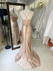 Factory Wholesale champagne Corset Sequin Lace up Back Satin Pleated Fitted Prom Dresses with Slit