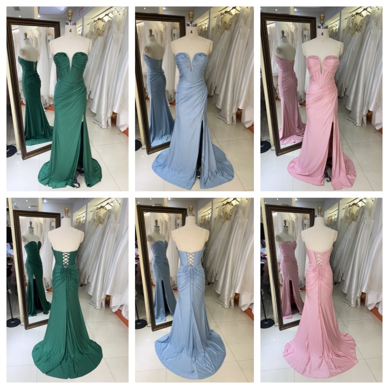 2025 Emerald Green Strapless Long Satin Prom Dresses Sweep Train Evening Party Slit Floor-Length Dress Rhinestone Detail