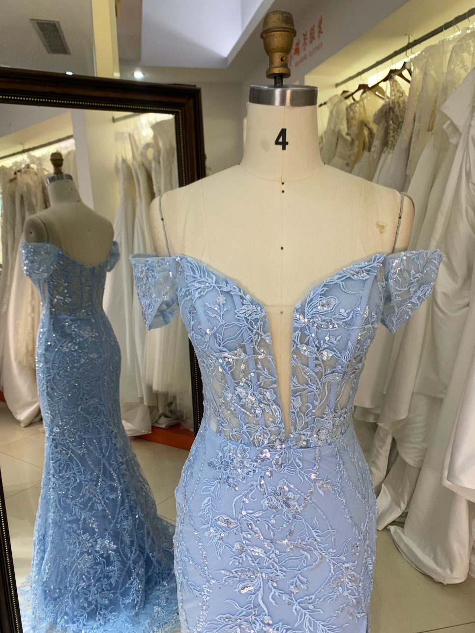 2025 Luxury Smoky Blue Evening Gown for Women Mermaid Prom Dress Shoulder Design Sequins Fabric Draped New Fashion Design