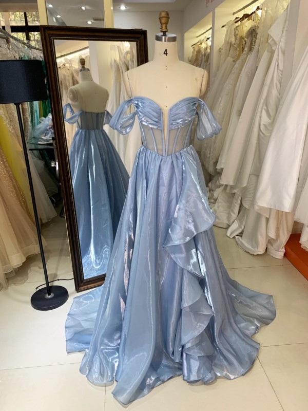 2025 Luxury Satin Mermaid Evening Dresses Smoky Blue Off-Shoulder Ruffle Design Short Formal Party Gowns for Girls