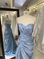 Wholesale Prom Dresses 2026 in Dusty Blue Shiny Satin Pleated Sleeveless Zipper up Back Evening Dresses