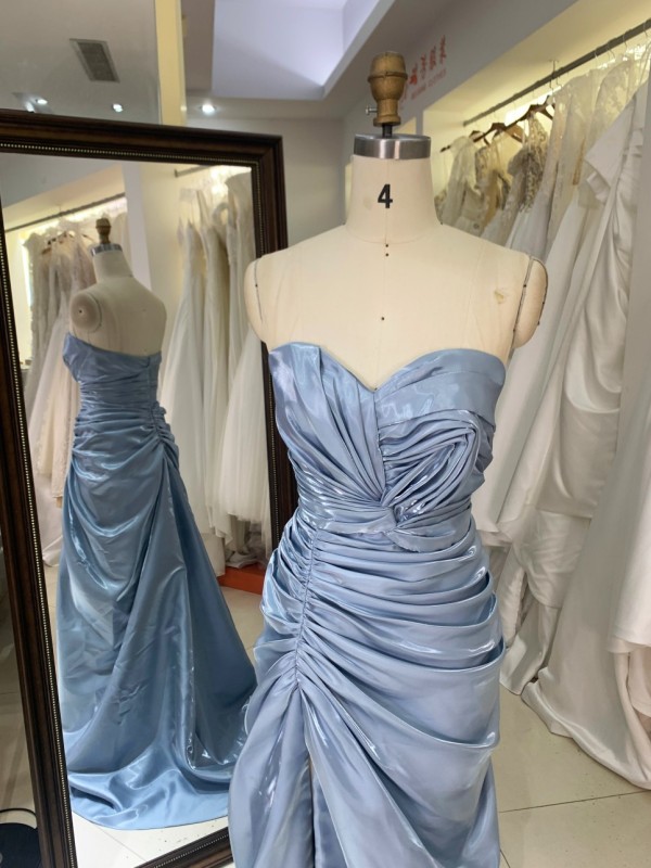 Wholesale Prom Dresses 2026 in Dusty Blue Shiny Satin Pleated Sleeveless Zipper up Back Evening Dresses