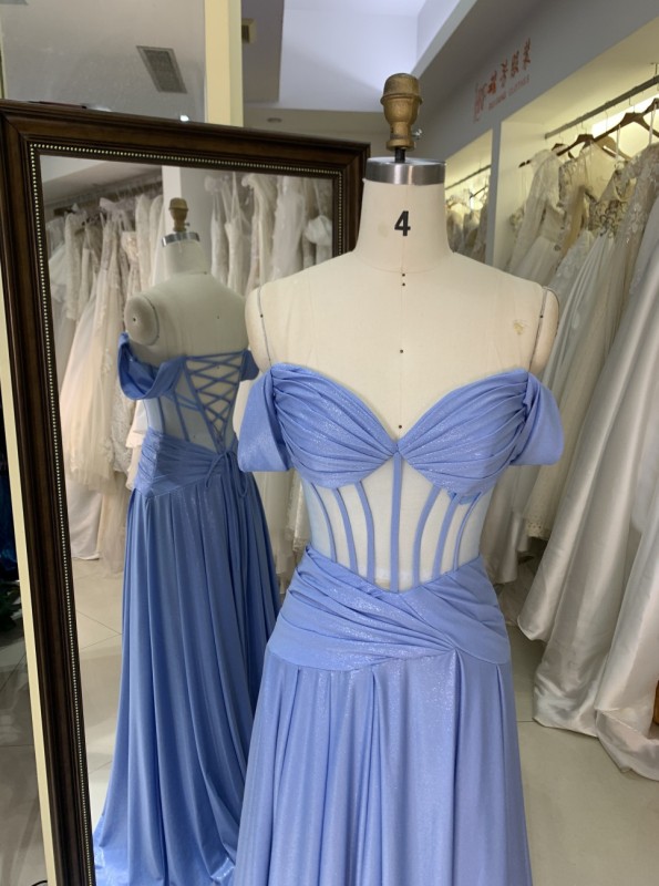 Factory Wholesale 2026 in Blue See Through Corset off Shoulder Sleeveless Mermaid Prom Evening Dresses