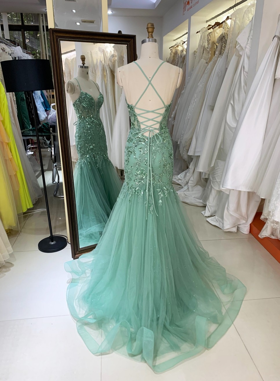 Wholesale Prom Dresses 2026 in mint See Through Corset Embroidery Sleeveless Mermaid Prom Evening Dresses