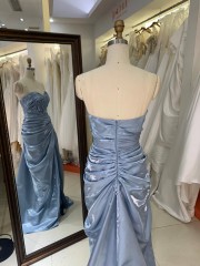 Wholesale Prom Dresses 2026 in Dusty Blue Shiny Satin Pleated Sleeveless Zipper up Back Evening Dresses