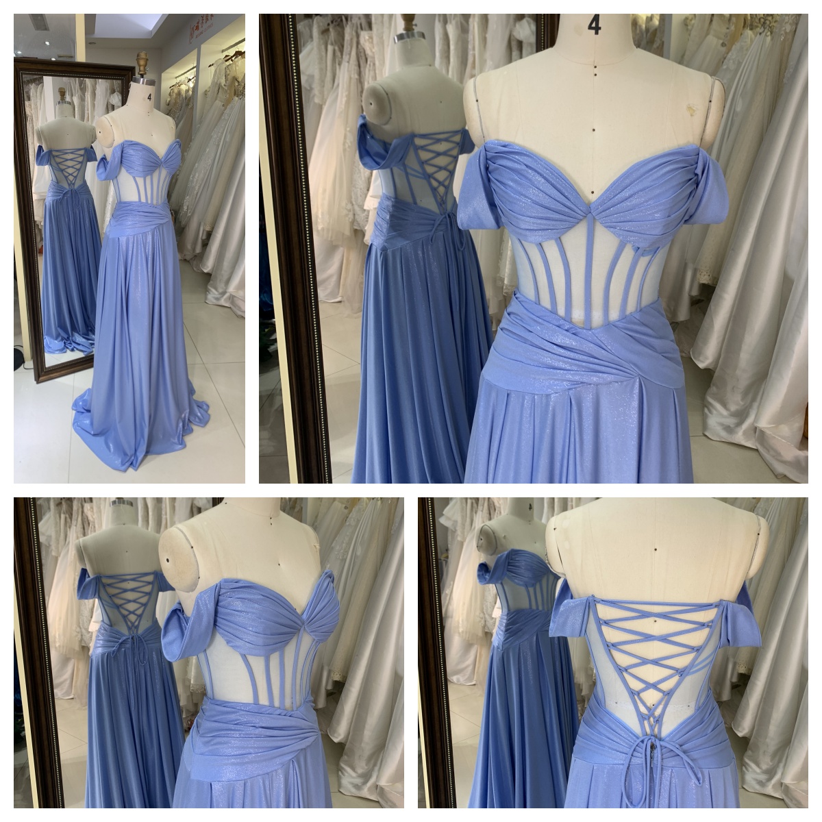 Factory Wholesale 2026 in Blue See Through Corset off Shoulder Sleeveless Mermaid Prom Evening Dresses