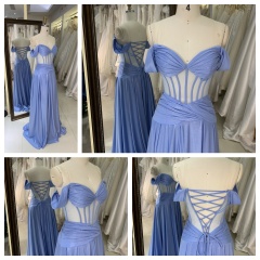 Factory Wholesale 2026 in Blue See Through Corset off Shoulder Sleeveless Mermaid Prom Evening Dresses