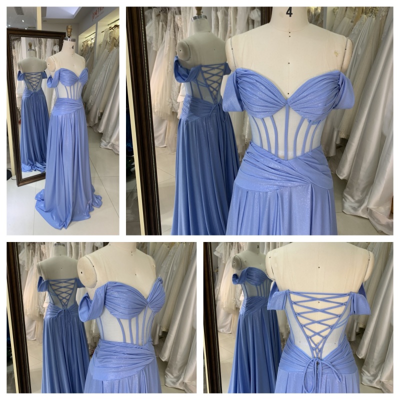 Factory Wholesale 2026 in Blue See Through Corset off Shoulder Sleeveless Mermaid Prom Evening Dresses