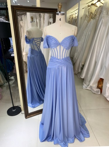Factory Wholesale 2026 in Blue See Through Corset off Shoulder Sleeveless Mermaid Prom Evening Dresses