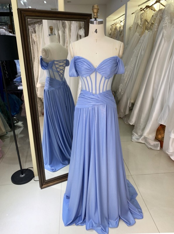 Factory Wholesale 2026 in Blue See Through Corset off Shoulder Sleeveless Mermaid Prom Evening Dresses