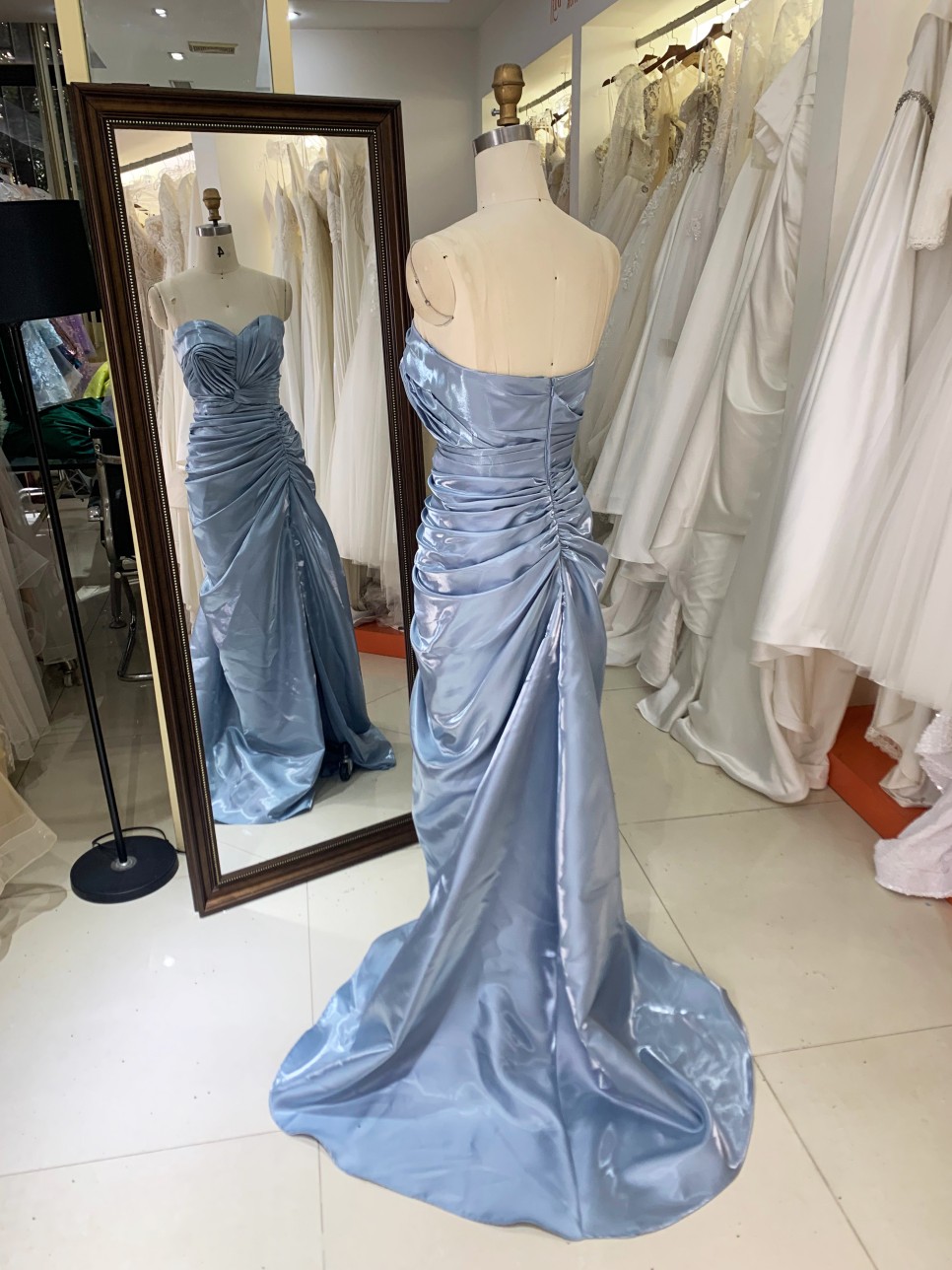 Wholesale Prom Dresses 2026 in Dusty Blue Shiny Satin Pleated Sleeveless Zipper up Back Evening Dresses