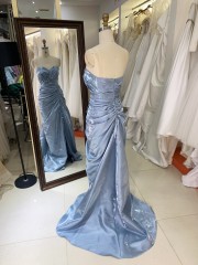 Wholesale Prom Dresses 2026 in Dusty Blue Shiny Satin Pleated Sleeveless Zipper up Back Evening Dresses