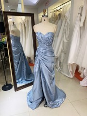 Wholesale Prom Dresses 2026 in Dusty Blue Shiny Satin Pleated Sleeveless Zipper up Back Evening Dresses