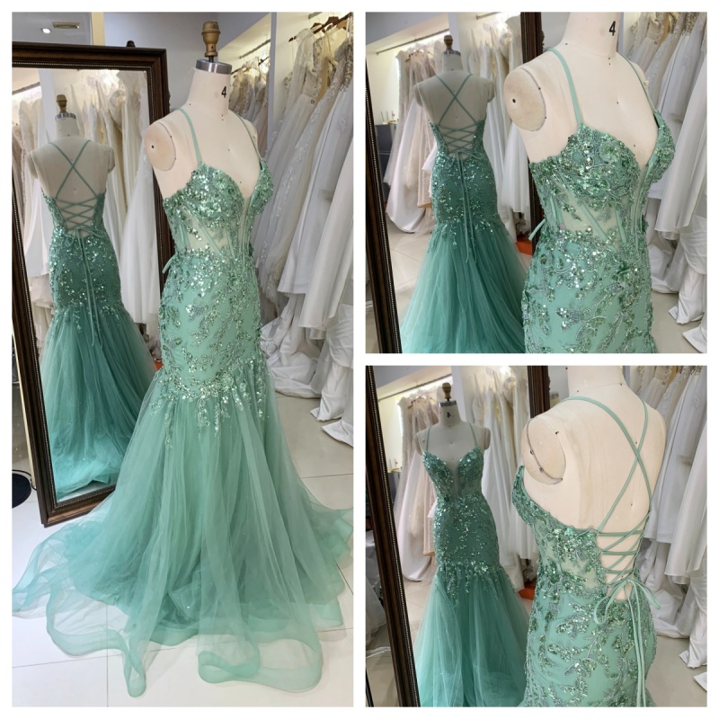 Wholesale Prom Dresses 2026 in mint See Through Corset Embroidery Sleeveless Mermaid Prom Evening Dresses