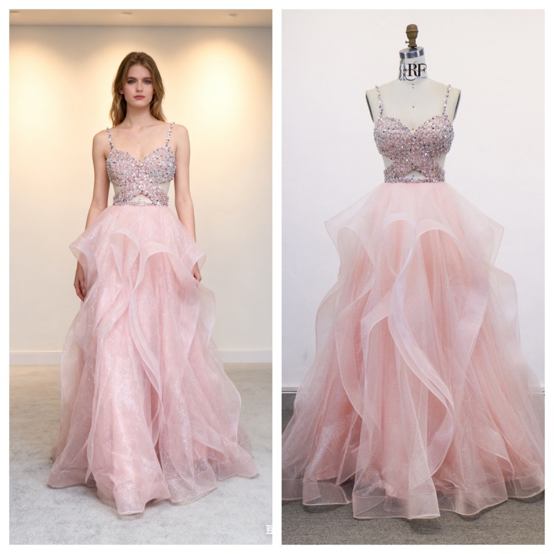 Wholesale Prom Dresses 2026 in pink See Through Corset Embroidery Sleeveless Ruffle Prom Evening Dresses