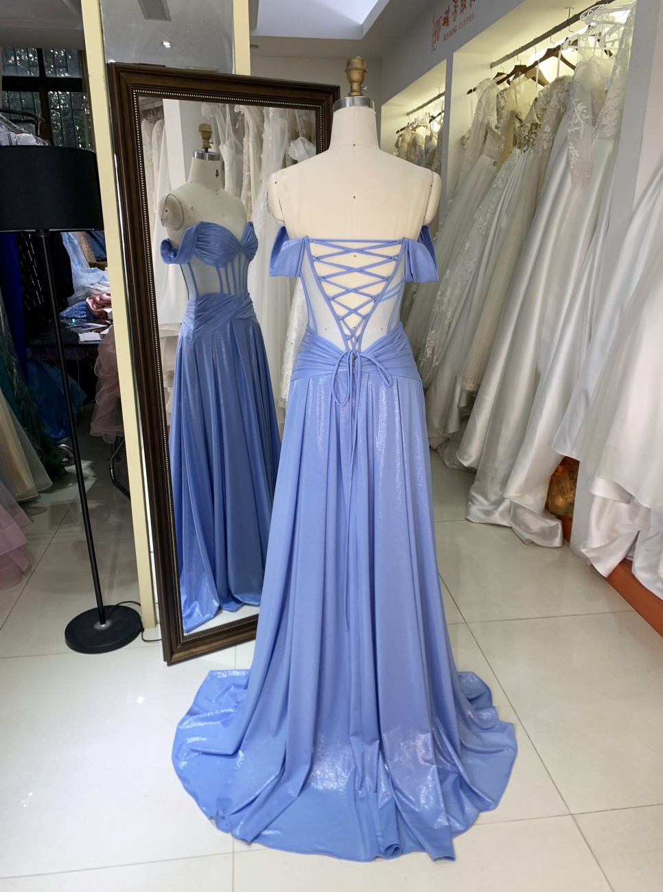 Factory Wholesale 2026 in Blue See Through Corset off Shoulder Sleeveless Mermaid Prom Evening Dresses