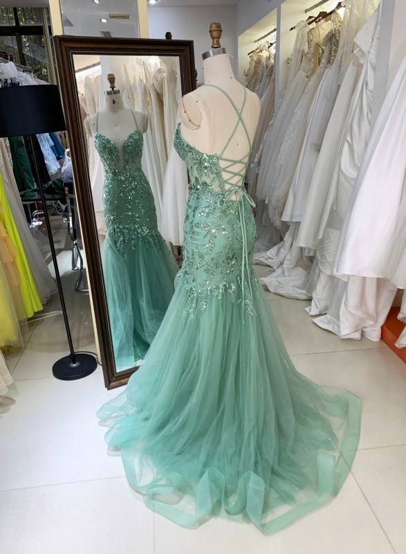 Wholesale Prom Dresses 2026 in mint See Through Corset Embroidery Sleeveless Mermaid Prom Evening Dresses