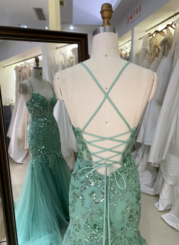 Wholesale Prom Dresses 2026 in mint See Through Corset Embroidery Sleeveless Mermaid Prom Evening Dresses