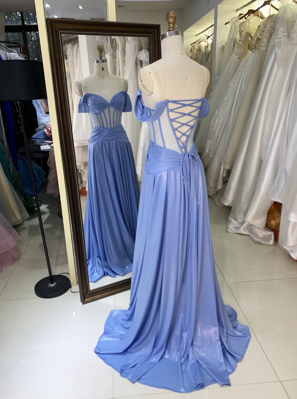 Factory Wholesale 2026 in Blue See Through Corset off Shoulder Sleeveless Mermaid Prom Evening Dresses