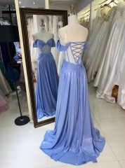 Factory Wholesale 2026 in Blue See Through Corset off Shoulder Sleeveless Mermaid Prom Evening Dresses