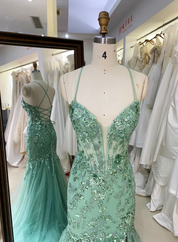 Wholesale Prom Dresses 2026 in mint See Through Corset Embroidery Sleeveless Mermaid Prom Evening Dresses