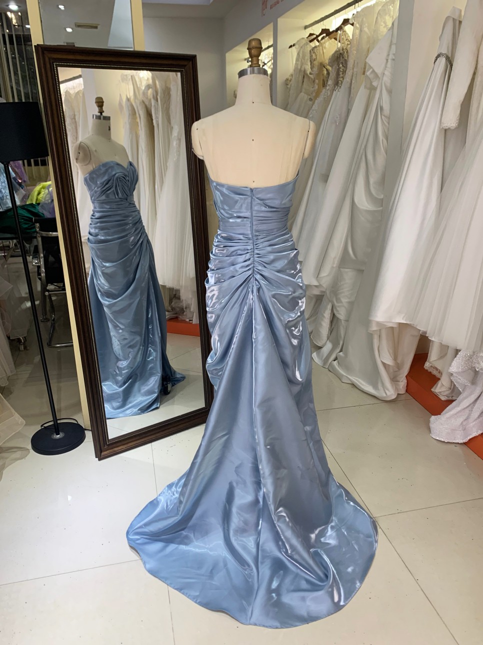 Wholesale Prom Dresses 2026 in Dusty Blue Shiny Satin Pleated Sleeveless Zipper up Back Evening Dresses