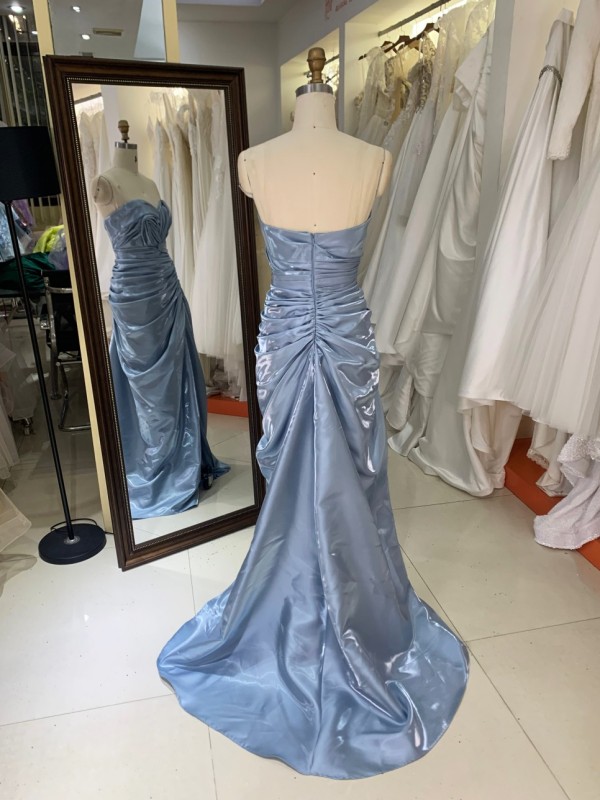 Wholesale Prom Dresses 2026 in Dusty Blue Shiny Satin Pleated Sleeveless Zipper up Back Evening Dresses